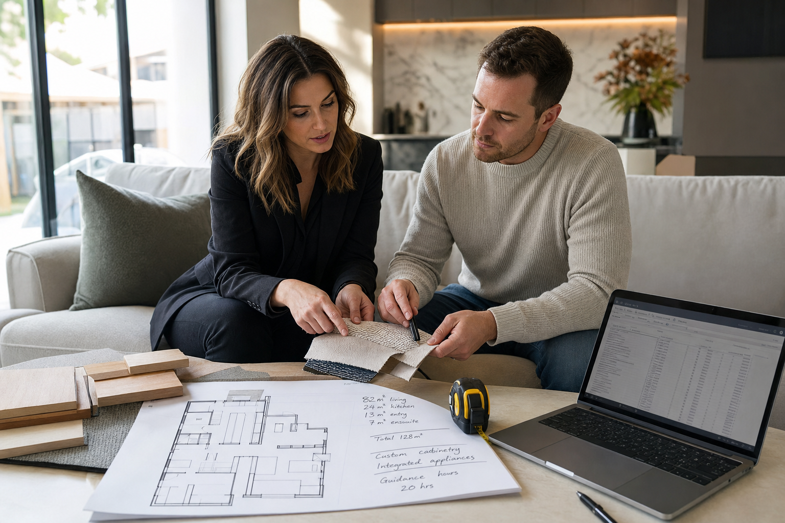 Wat kost een interieurontwerp gemiddeld en welke factoren bepalen de prijs (materiaalkeuze, m2, maatwerk en begeleiding)?