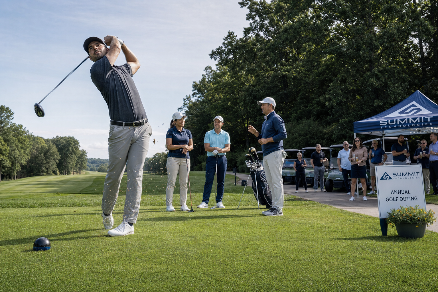 Groep collega's geniet van pauze na golfen